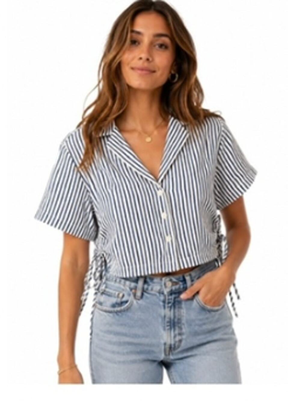 AE Ivory Blue Strip Tie Side Crop Preppy Button Front Shirt size Medium